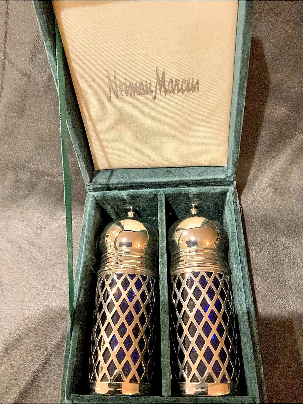 Neiman Marcus Blue Glass Decanter Set in Presentation Box